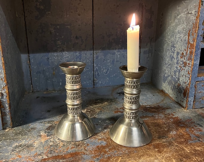 Ca. 1960s Vintage Norwegian Pewter candlestick/tealight holder, baroque style, Rosemaling pattern, Scandinavian Mid Century Modern