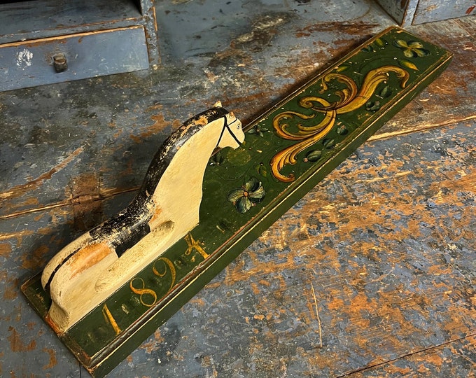 1894 Primitive museum quality antique Norwegian mangle board with original rosemaling, rare horse handle