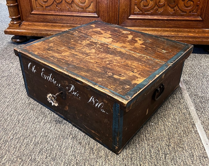 1870 Primitive Antique Norwegian Chest, treasure chest box,pinewood storage trunk with iron handle, lock and key, RUSTIC farmhouse style