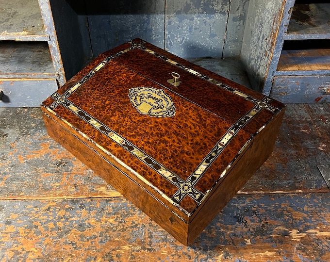 1800s Napoleon III style Writing Box with Mother of Pearl & Bone Marquetry, original key and lock, birchwood / flame birch,primitive antique