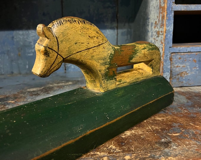 Dated 1894 Primitive museum quality antique Norwegian mangle board with original painting, rare horse handle, antique wall hanging, patina