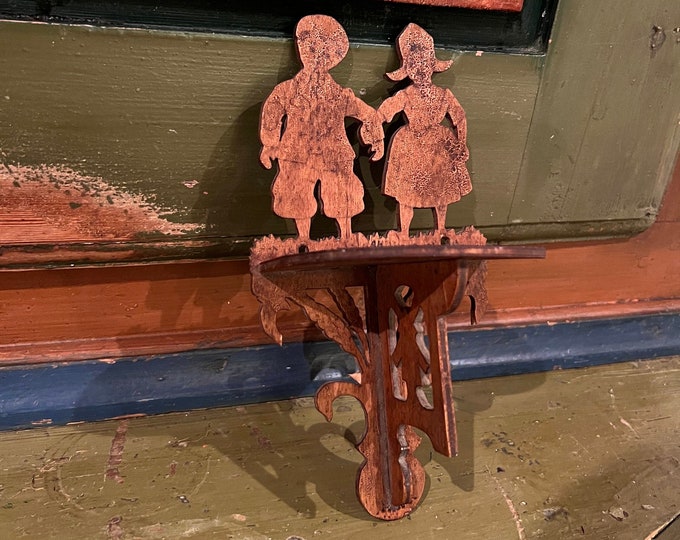 Antique wooden RUSTIC wall shelf,Norwegian/Scandinavian folkart, Unique design "Friendship" shelf from Norway