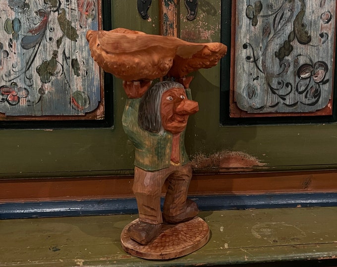 36.5cm LARGE handcrafted TROLL fruit stand, RARE Norwegian/Scandinavian folk art sculpture, wood carving by Ottar Grubbli, Collectible