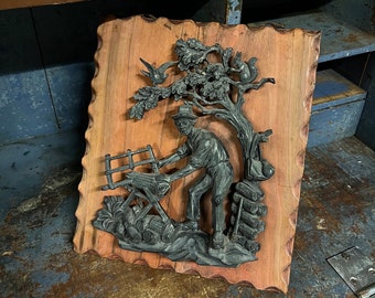 1950s Vintage wall hanging relief work on pinewood plate, Nordic /Scandinavia Mid-century modern / retro home decor