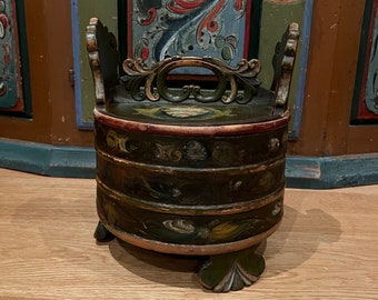 Primitive 1850 Museum piece - antique rosemaling groat / porridge amber / Tine box / butter bucket from Norway, RUSTIC folk art, handcrafted
