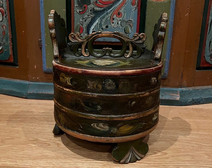 Primitive 1850 Museum piece - antique rosemaling groat / porridge amber / Tine box / butter bucket from Norway, RUSTIC folk art, handcrafted