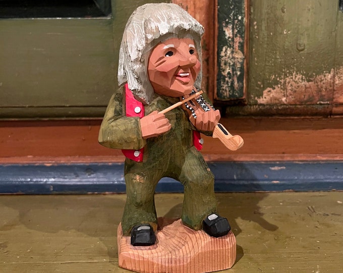 Vintage Norway Form hand-carved wooden Troll " Fiddle player" Figurine, Norwegian/Scandinavian folk art, wood carving folkart, Collectible