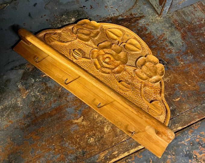 Antique RUSTIC hand crafted wall hanging kitchen shelf, Towel rack, key holder, kitchenware holder from Norway, Scandinavian folk Art