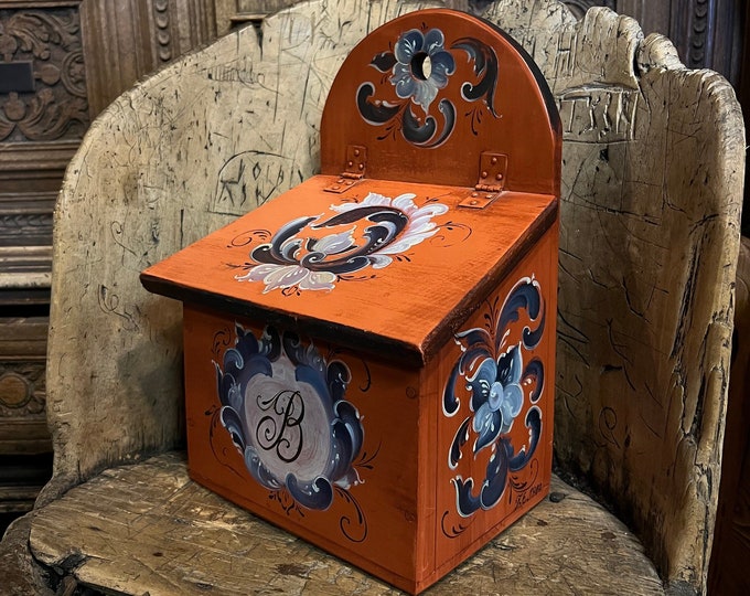 Dated 1980 Vintage Norwegian Wall Hanging Wooden Salt Box from Norway, Unique pattern, traditional folk art, kitchen decor storage