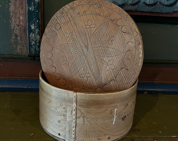 Dated 1881 antique Tine box with had carved rosemaling pattern from Norway, Norwegian folk art, country/cabin/farmhouse style