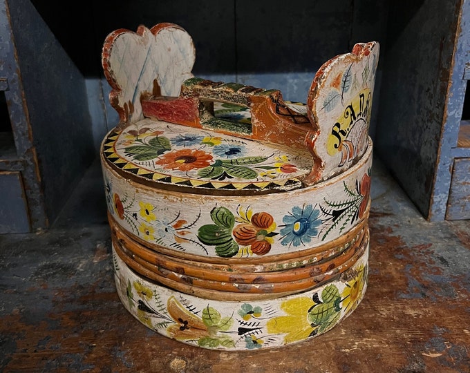 1800s Museum piece-antique rosemaling groat/porridge amber/Tine box/butter bucket from Norway, RUSTIC folk art, Handmade/handcrafted, PATINA