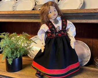 RARE Telemark Bunad doll, hand embroidered traditional norsk heritage with solid silver bunad knife and solje/Brooch, collectible