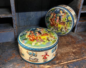 Ca. 1960s Walt Disney "Peter Pan" RUSTIC Tin / Biscuit Box, rustic antique, kitchen storage, cabin / farmhouse