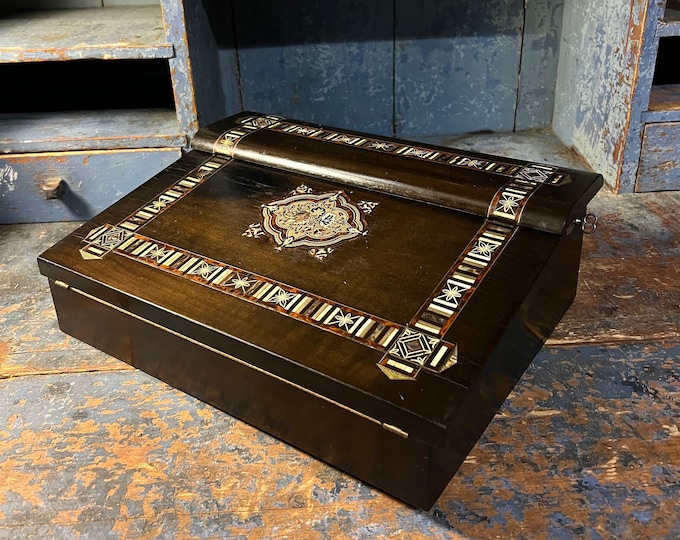 1800s Napoleon III style Writing Box with Mother of Pearl & Bone Marquetry, original key and lock