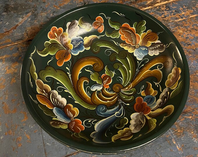 Professional Painted Telemark rosemaling beer / fruit bowl, handcrafted, traditional green, folkart from Norway perfect for housewarming