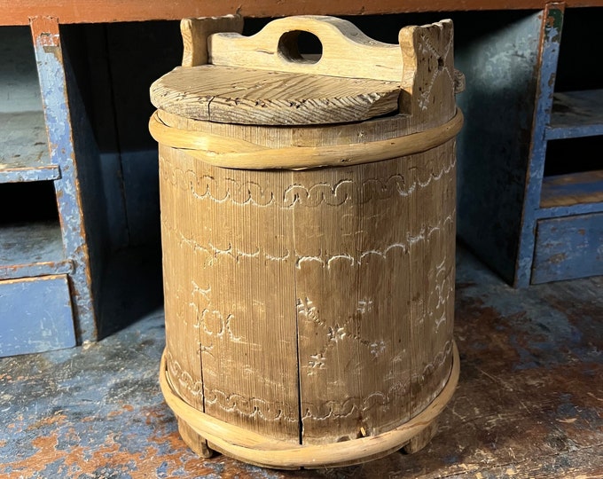 Dated 1854 Antique groat/porridge amber ambar / bucket from Norway, Museum quality Norwegian folk art, detailed handcrafted, RUSTIC