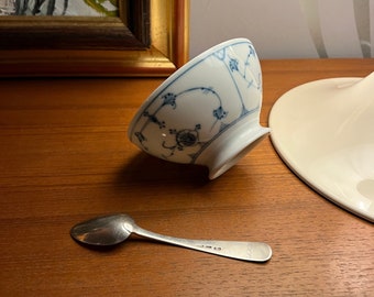 RARE 1910s' Antique Norwegian Porsgrund Porcelain Blue Fluted/Straw Pattern JAM bowl / Serving Bowl with Solid SILVER sauce spoon dated 1858