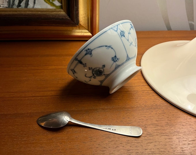 RARE 1910s' Antique Norwegian Porsgrund Porcelain Blue Fluted/Straw Pattern JAM bowl / Serving Bowl with Solid SILVER sauce spoon dated 1858