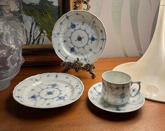 1910s Antique Norwegian Porsgrund Porcelain Blue Fluted Coffee Trio with Cake Plate,  handpainted underglazed decor, Scandinavian design