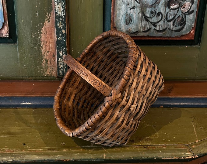 Dated 1893 Antique Norwegian handcrafted BASKET wool basket with beautiful patina, RUSTIC, Country / farmhouse style, collectible