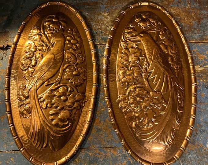 18/1900s Antique Norwegian copper Relief wall hanging / Shield, Art Nouveau / Jugend style Birds flower pattern, handcrafted, collectible