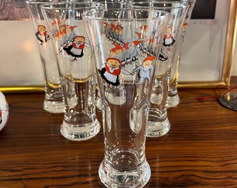 8 SOLD - RARE Vintage Nisse BEER glass Norwegian Porsgrund design nisse motifs, Scandinavian design Christmas table serving