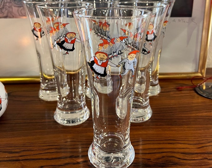 6 SOLD - RARE Vintage Nisse BEER glass Norwegian Porsgrund design nisse motifs, Scandinavian design Christmas table serving