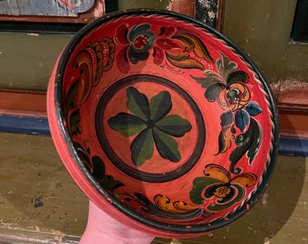 1800s Antique beer bowl with original rosemaling, Norwegian RUSTIC folkart folk art, collectible, primitive handcrafted, farmhouse colors