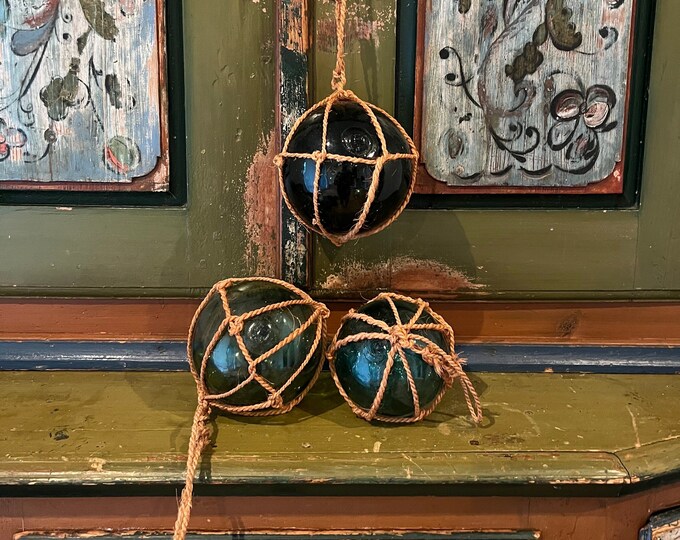 1800s antique Norwegian fishing float with hemp netting, Scandinavian Cabin/farmhouse/country style interior