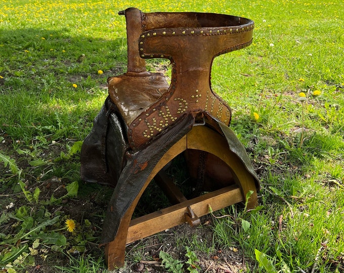 Dated 1789 Antique Norwegian Side Saddle chair with decorated leather,Nordic / Norwegian / Scandinavian folkart, RUSTIC farmhouse style