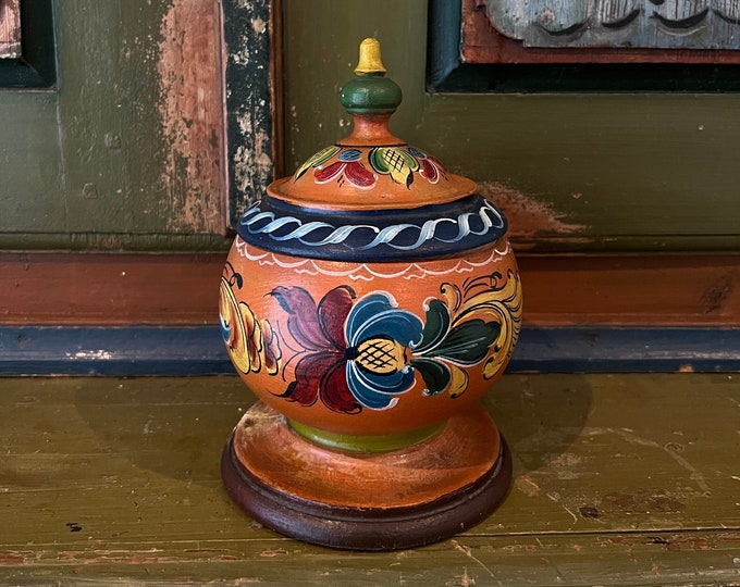 1800s Primitive Antique handcrafted Tobacco Box with rosemaling / rose painting, Norwegian folk art, Scandinavian wood carving