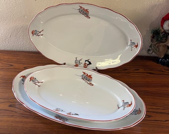 1990s X-LARGE Nisse serving plate Norwegian Porsgrund design nisse motifs with red rim, Vintage Scandinavian Christmas table serving