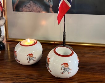 Vintage Nisse Tea light holder Norwegian  Porsgrund design nisse motifs with red trim, Scandinavian design Christmas table serving