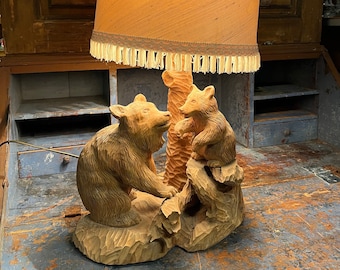 LARGE Bjarne Walle (1911-89) Norwegian handcrafted Lamp,'Mother and Baby Bear', Country style/Farmhouse/Cabin lighting, artist signed