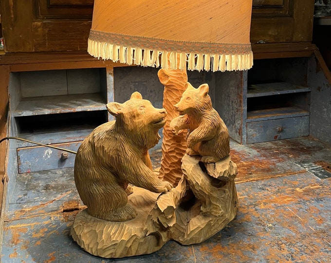 LARGE Bjarne Walle (1911-89) Norwegian handcrafted Lamp,'Mother and Baby Bear', Country style/Farmhouse/Cabin lighting, artist signed
