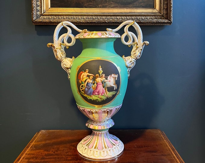 17/1800s Large Meissen Green-Ground two-handled porcelain urn vase, finely hand painted scene