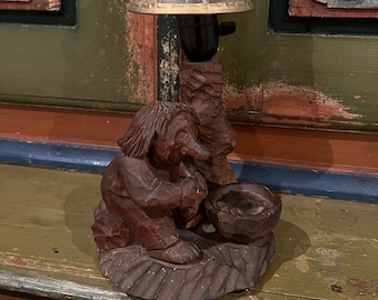 Unique Bjarne Walle (1911-89) Norwegian handcraft Lamp,'Troll Eat Porridge', Country style/Farmhouse/Cabin, Scandinavian folkart/folk art