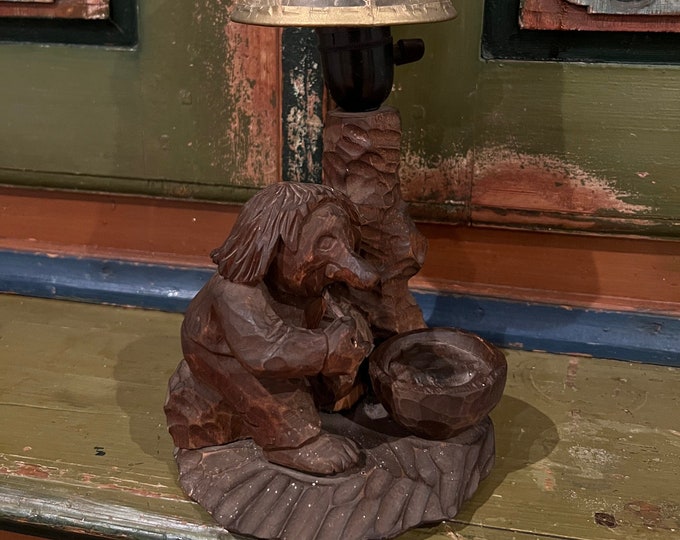 Unique Bjarne Walle (1911-89) Norwegian handcraft Lamp,'Troll Eat Porridge', Country style/Farmhouse/Cabin, Scandinavian folkart/folk art