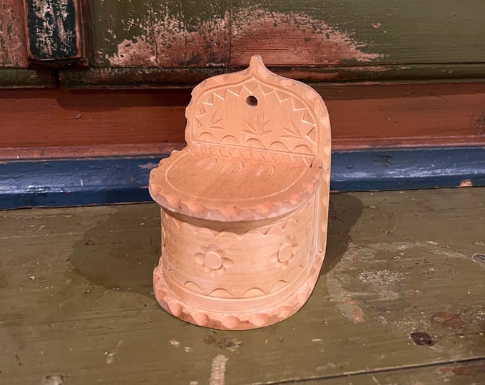 Vintage Norwegian Wall Hanging Wooden Salt Box, handcrafted folk art from Norway, traditional kitchen storage