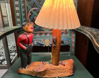 Unique Vintage Norwegian handcraft Lamp,'Curious man with sheath knife and owl' Country style/Farmhouse/Cabin, Scandinavian folkart/folk art