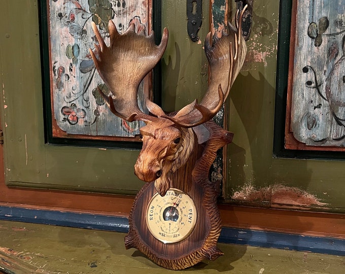 LARGE Norwegian Moose/Elk Barometer, Weather station, wall hanging fra ca. 1970s. Scandinavian mid century modern design
