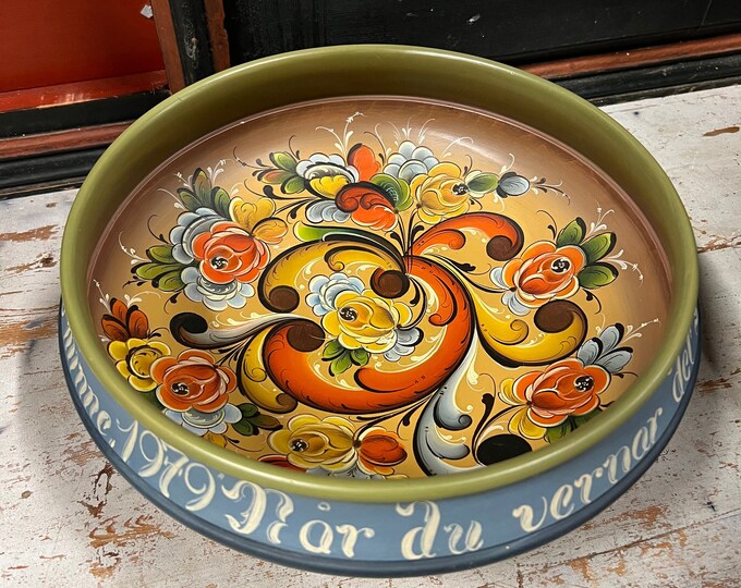 1970s' Dia. 31cm Telemark rosemaling large beer bowl by Sigrid Midjaas folkart folk art from Norway, Collectible, free shipping
