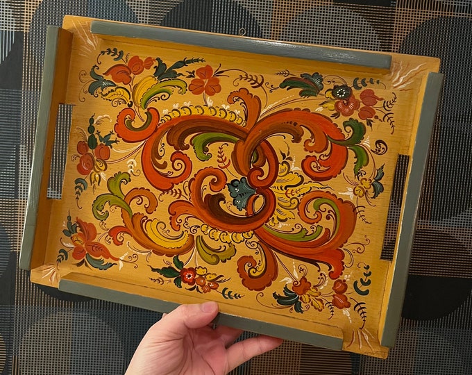 1950s' Norwegian rosemaling serving tray with handles/wall decor from Telemark,Norway rosemalt folkart/folk art, farmhouse style