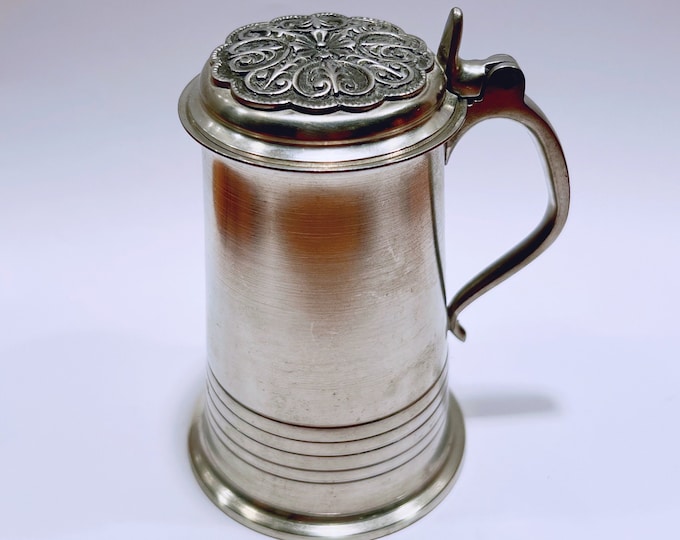 1960/70s Norwegian Pewter jug / tankard with rosemaling/wood carving pattern, by Johs. Kristiansen Kjose Norway