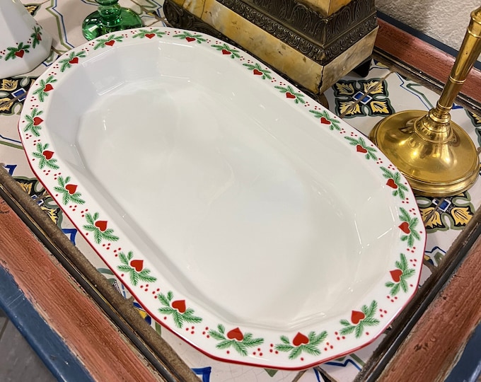 3SOLD, RARE size L.38cm Porsgrund 'Hearts & Pines' Norwegian design serving plate, Vintage Scandinavian design Christmas table serving