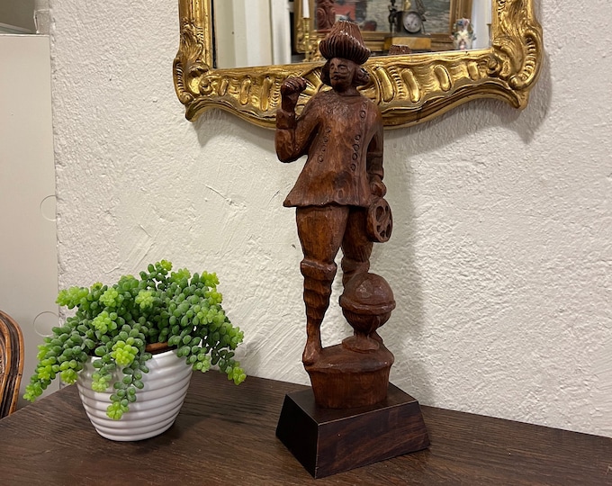 Rare Norwegian folkart wooden sculpture "Navigator with astrolabe and globe" hand carved by Petter Omtvedt(1934-2021) , rustic antique style