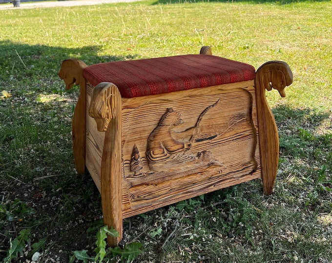 Vintage Norwegian handcrafted firewood Chest, treasure box, stool/bench, handwoven wool seat , Scandinavian folkart, Rustic farmhouse style