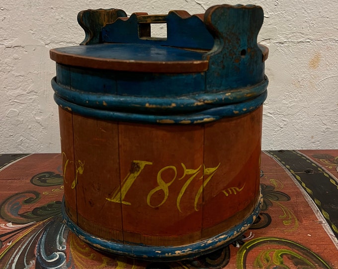 1800s antique groat/porridge amber/Tine box from Norway, Norwegian folk art, original painting dated 1877