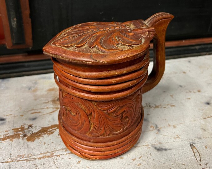 1800s antique Norwegian jug / tankard folkart, detailed handcarving rosemaling pattern, country / farmhouse style, Christmas gift