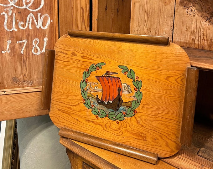 1940s' Norwegian viking ship serving tray with handles/wall decor from Norway, handpainted folkart/folk art